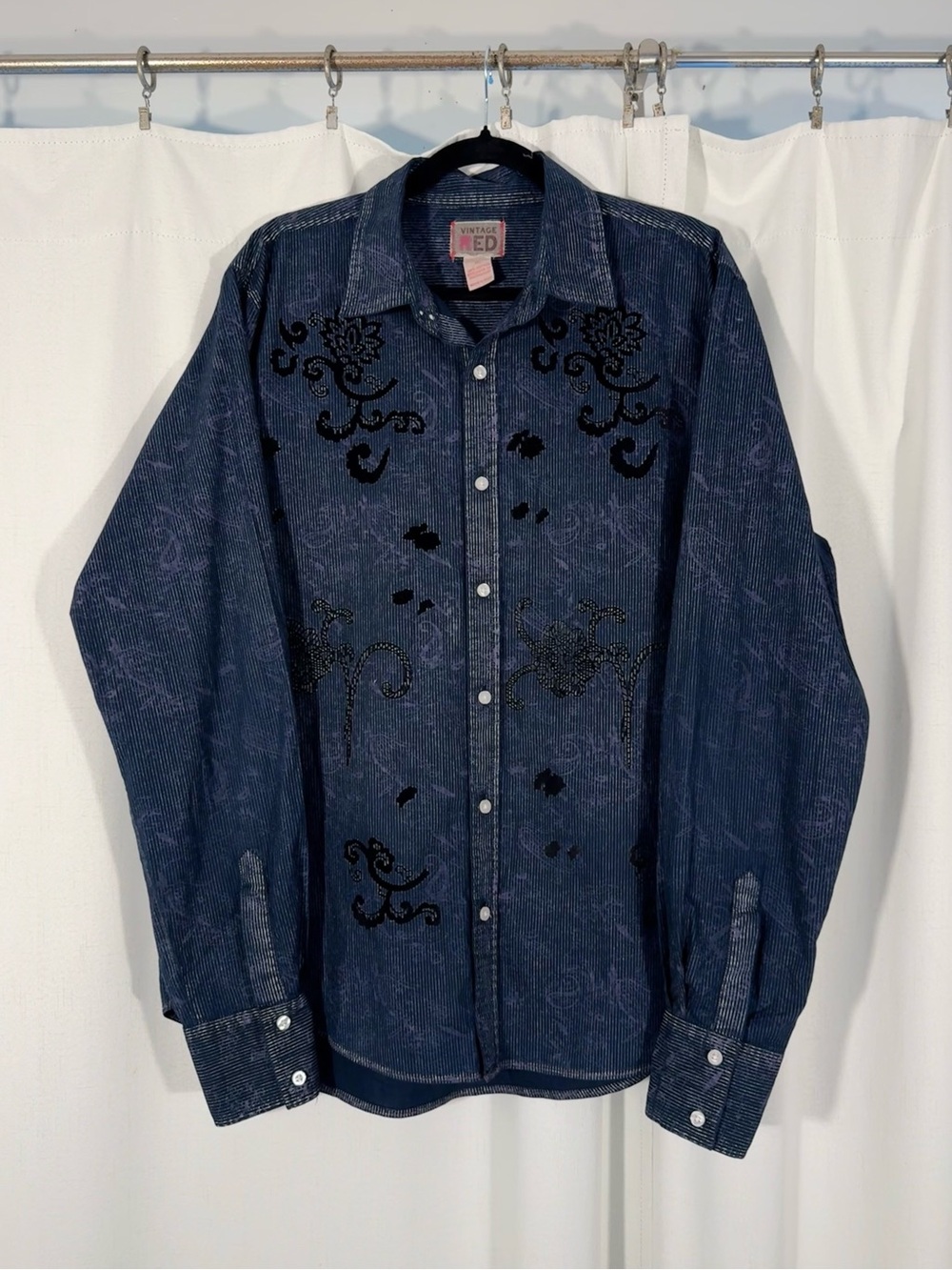 Vintage Navy Blue Striped Western Button Up